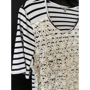 Lace-front short sleeve striped top